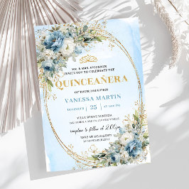 Sophisticated Dusty Blue Gold Greenery 15 Birthday Inbjudningar