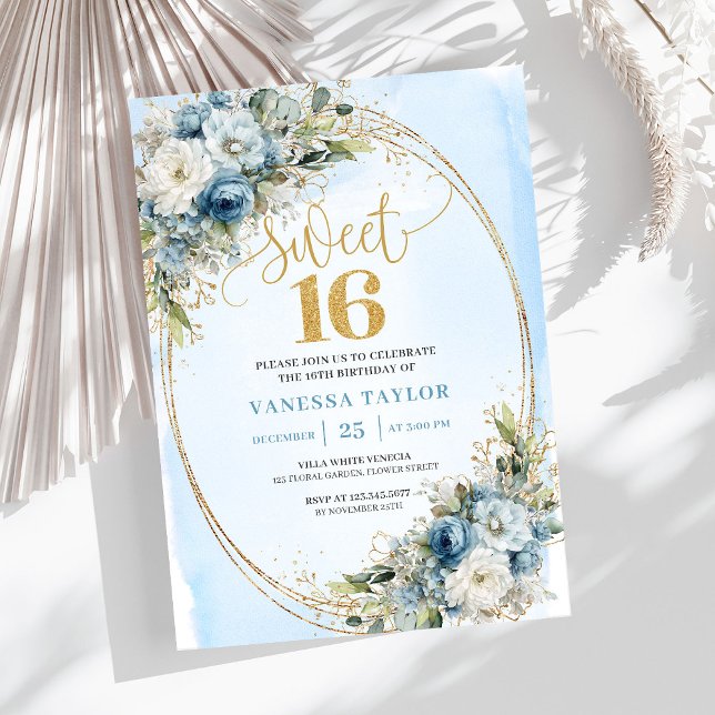 Sophisticated Dusty Blue Gold Sweet Sixteen Invite Inbjudningar (Sophisticated Dusty Blue Gold Sweet Sixteen Invite)