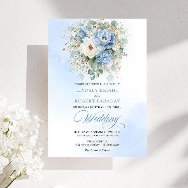 Sophisticated Dusty Blue Peony Floral Wedding Inbjudningar (Sophisticated Dusty Blue Peony Floral Wedding)