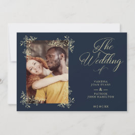 Sophisticated Elegant Flourish Navy Photo Wedding Inbjudningar