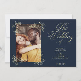 Sophisticated Elegant Flourish Navy Photo Wedding Inbjudningar