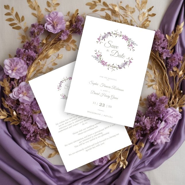 Sophisticated Elegant Lilac Floral Wedding Garland Spara Datumet (Sophisticated Elegant Lilac Floral Wedding Garland Save the Date Card.)