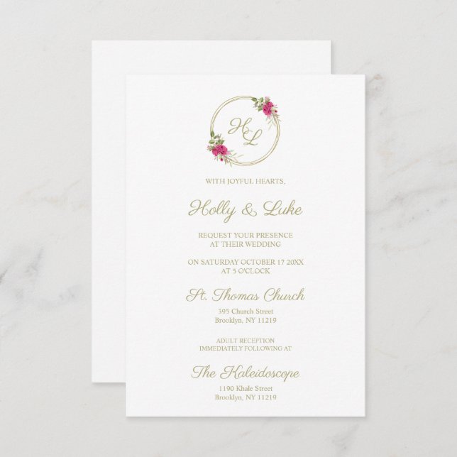 Sophisticated Elegant Pink Floral Wedding Wreath Inbjudningar (Fram/baksida)