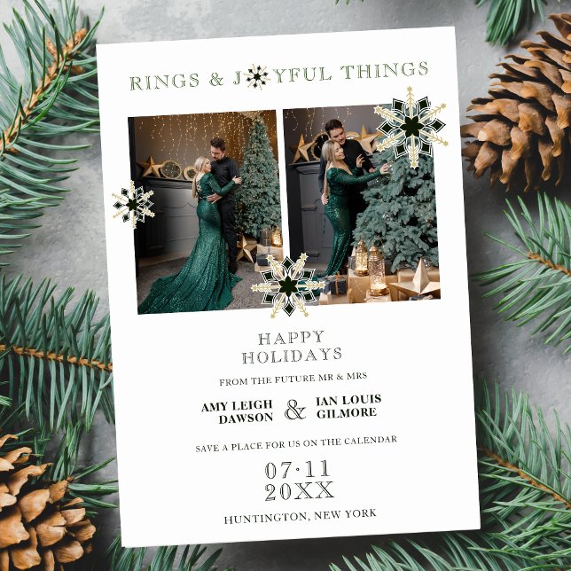 Sophisticated Exquisite Christmas Snowflakes Spara Datumet (Sophisticated Exquisite Christmas Snowflakes Green and Faux Gold 2 Multi Photos Collage Holiday Card)