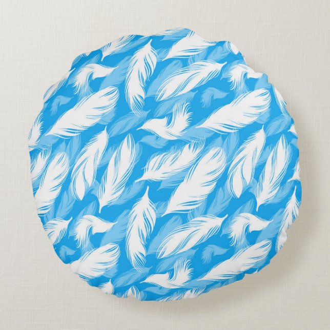 Sophisticated Feather Design On A Bright Blue  Rund Kudde (Baksidan)