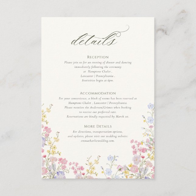 Sophisticated Floral Calligraphy Wedding Details Tilläggskort (Framsida)