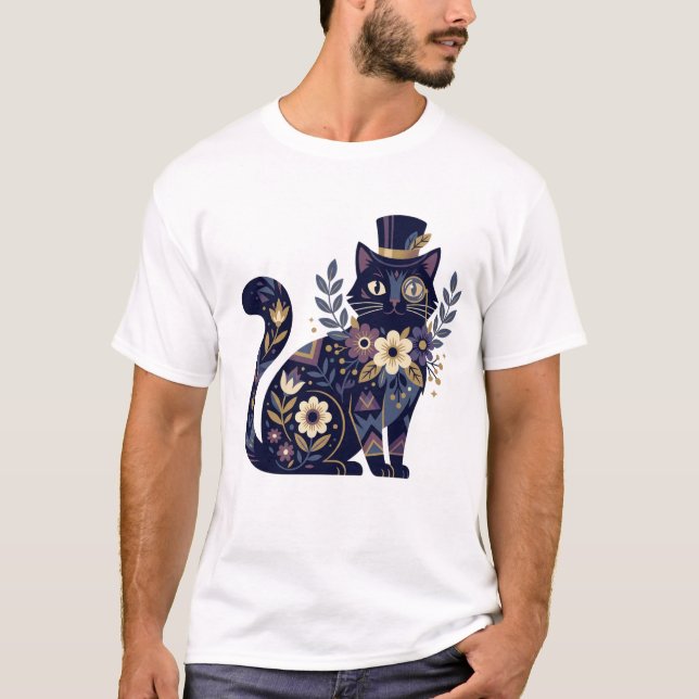 Sophisticated Floral Cat Monocle Top-Hat T Shirt (Framsida)