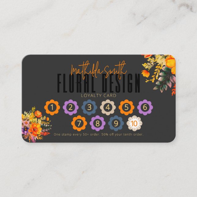 Sophisticated Floral Design Black Orange Loyalty Visitkort (Framsida)