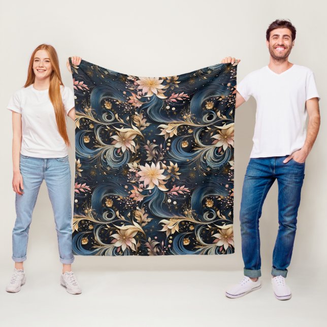Sophisticated Gold Flowers On Navy Blue Fleecefilt (På plats)