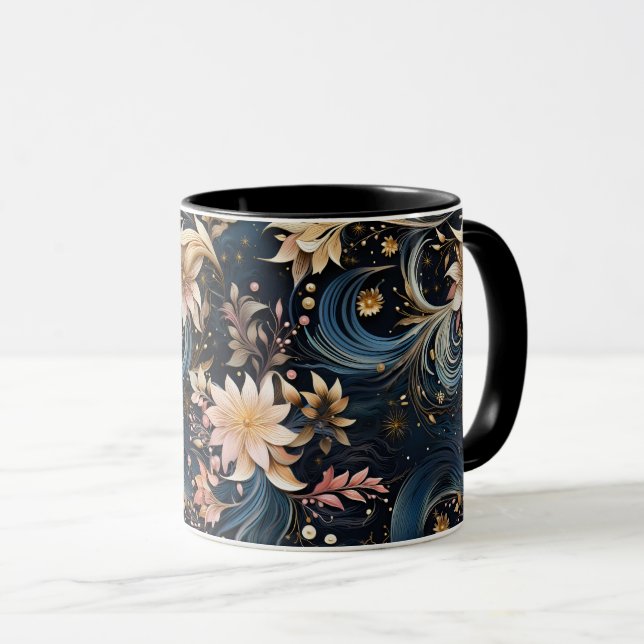 Sophisticated Gold Flowers On Navy Blue Mugg (Framsida höger)