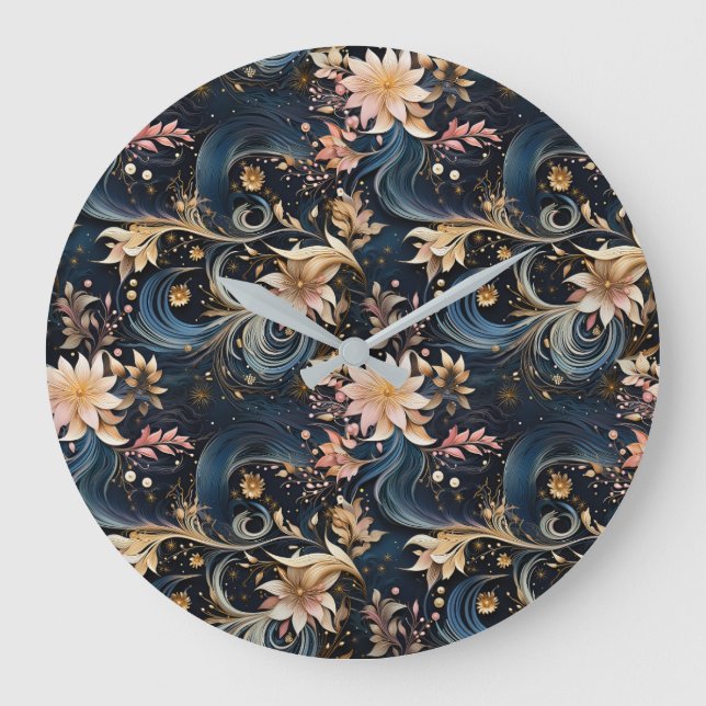 Sophisticated Gold Flowers On Navy Blue Stor Klocka (Framsida)