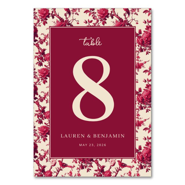 Sophisticated Maroon Floral Table Number Bordsnummer (Framsidan)