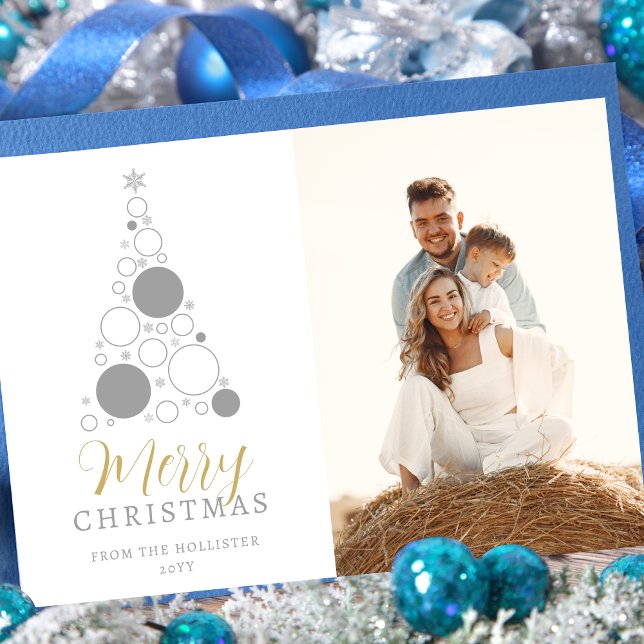 Sophisticated Modern Christmas Tree Photo Family Julkort (Sophisticated Modern Christmas Tree Photo Family in Grey and Fake Gold Holiday Card with Envelope.)