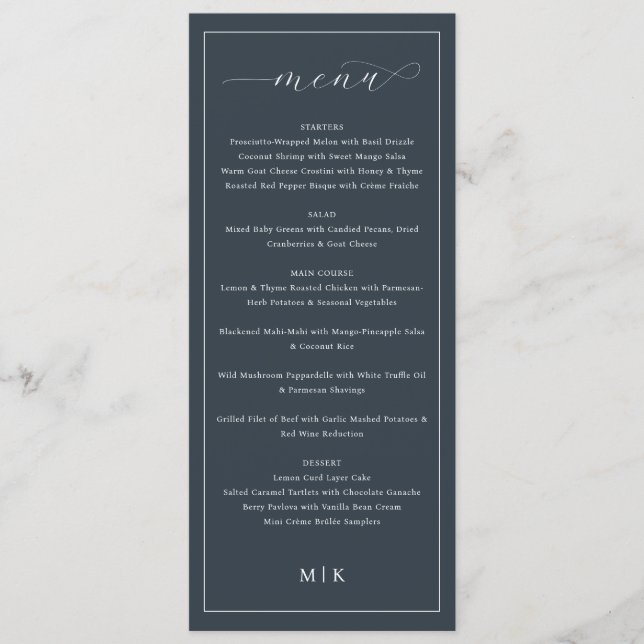 Sophisticated Navy Blue Elegant Wedding Menu Meny (Framsida)