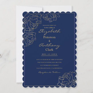 Sophisticated navy blue gold peony floral Wedding Inbjudningar