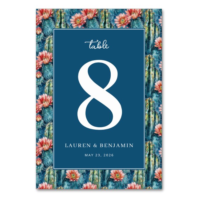 Sophisticated Navy Cactus Floral Bordsnummer (Framsidan)