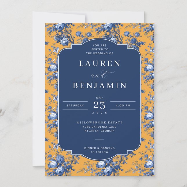 Sophisticated Navy Floral Wedding Invitation Inbjudningar (Framsida)