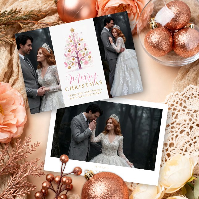 Sophisticated Pink First Christmas Wedding Tree Julkort (Refined Pink Christmas Tree 3-Photo Cards for Wedding or First Christmas Holiday Cards.)