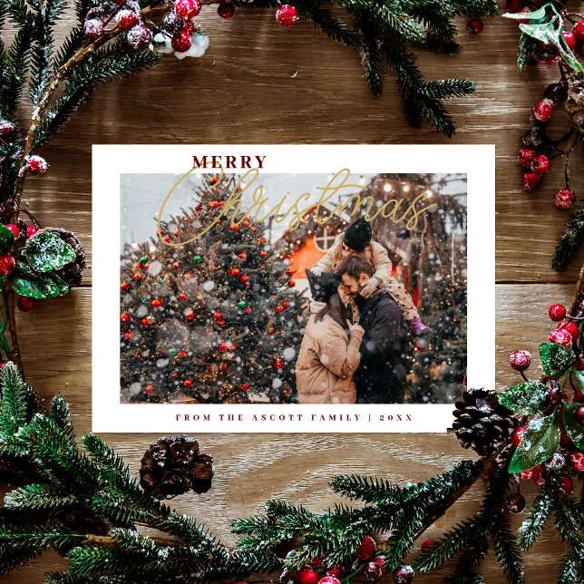 Sophisticated Simple Classic Calligraphy Photo Julkort (Sophisticated Simple Classic Calligraphy Photo Merry Christmas in Fake Gold and Dark Red.)