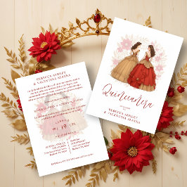 Sophisticated Spanish Red & Gold Quinceañera Twins Inbjudningar
