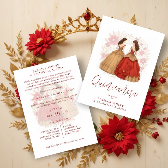 Sophisticated Spanish Red & Gold Quinceañera Twins Inbjudningar (Sophisticated Spanish Red & Gold Quinceañera Twins Invitations Cards.)