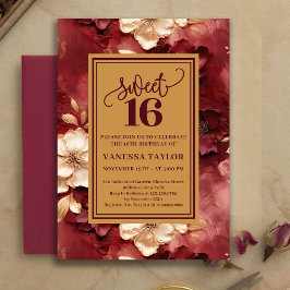 Sophisticated Sweet 16 Burgundy Gold Floral Invite Inbjudningar