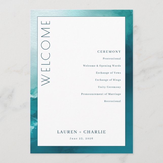 Sophisticated Teal Watercolor Ceremony Schedule Program (Framsida)