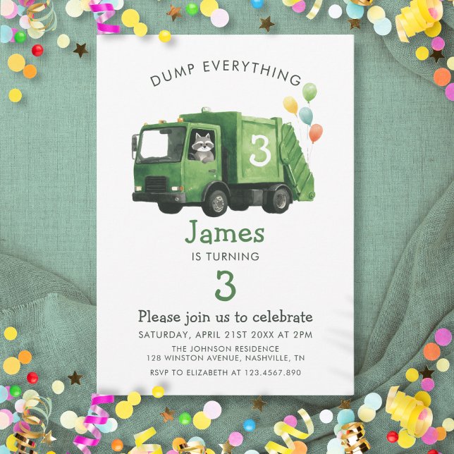 Soptruck för barnkalas Dumpa allt  Inbjudningar (Dump Everything Garbage Truck Kids Birthday Invitation)
