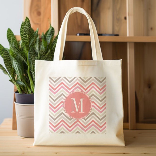 Sorbet Chevrons med trippelmonogram Tygkasse (Personalized tote bag with chevrons and monogram)
