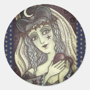 SORCERHET, GOTH WITCH HEART STICKERS Round LAKAN Runt Klistermärke