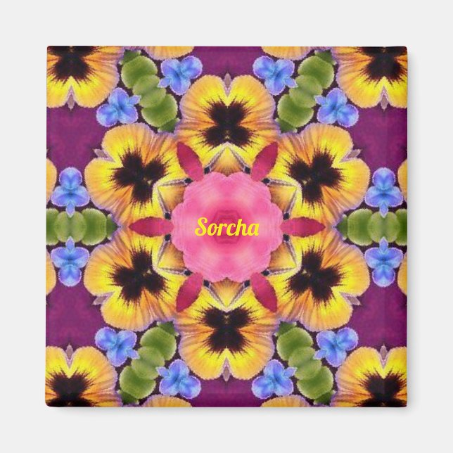 SORCHA ~ Abstrakt pensé ~ Rosa Blå Lila Gul Magnet (Framsidan)