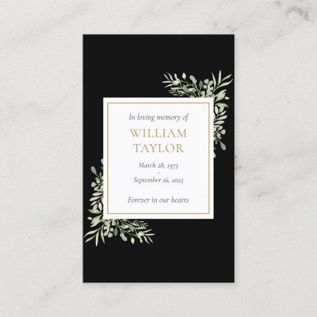 Sorgekort för begravning med minnesgrönska visitkort (Framsida)