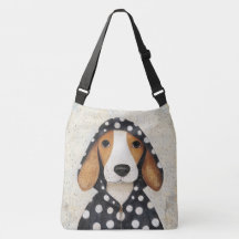 Sorglig beagle-valp i klänning med prickar