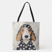 Sorglig beagle-valp i klänning med prickar