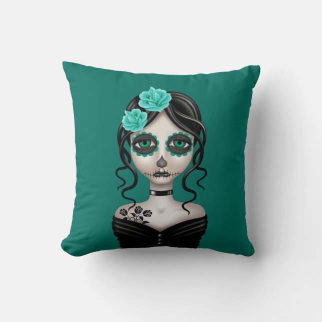 Sorglig Day of the Dead-flicka på tealblått Kudde (Framsida)