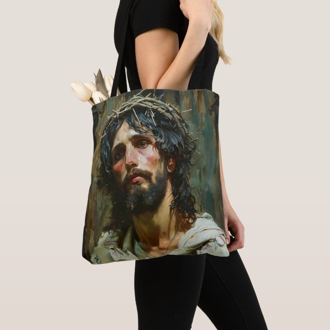 Sorgsen Jesus i krona Tygkasse (Närbild)