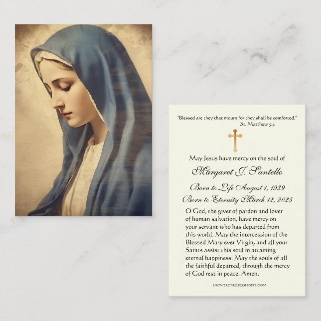 Sorgsen Mor Maria Katolsk Begravningsminne Visitkort (Fram/baksida)