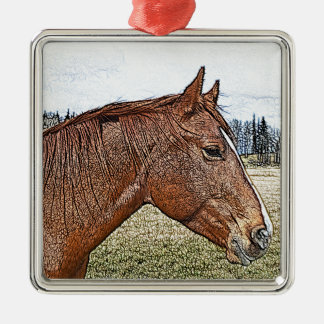 Sorrel Horse Porträtt Equine Art Illustration Julgransprydnad Metall