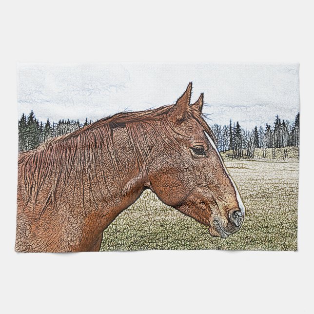 Sorrel Horse Porträtt Equine Art Illustration Kökshandduk (Horisontell)