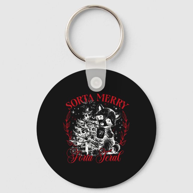 Sorta Merry Sorta Feral Feral Funny jul Raccoon Xm Nyckelring (Framsida)