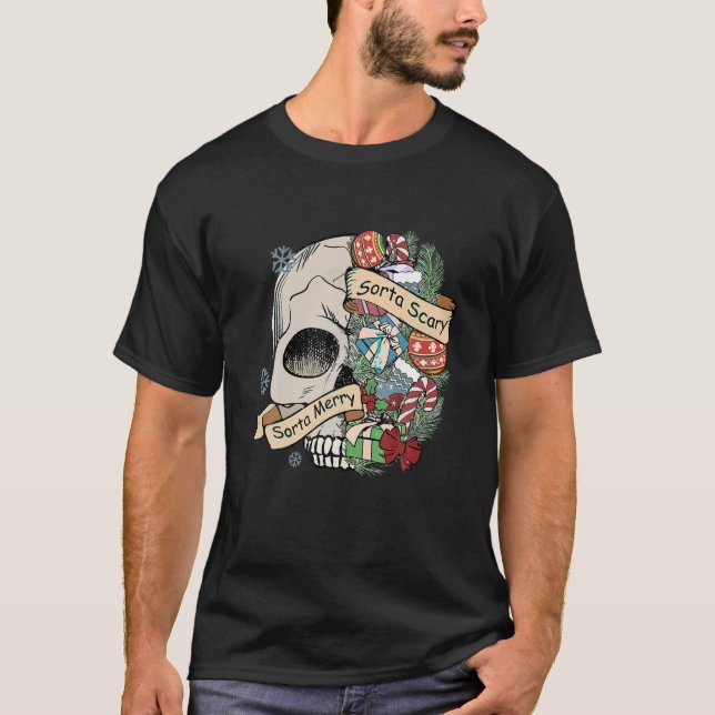 Sorta Merry Sorta Scary Spooky jul Goth Skul T Shirt (Framsida)
