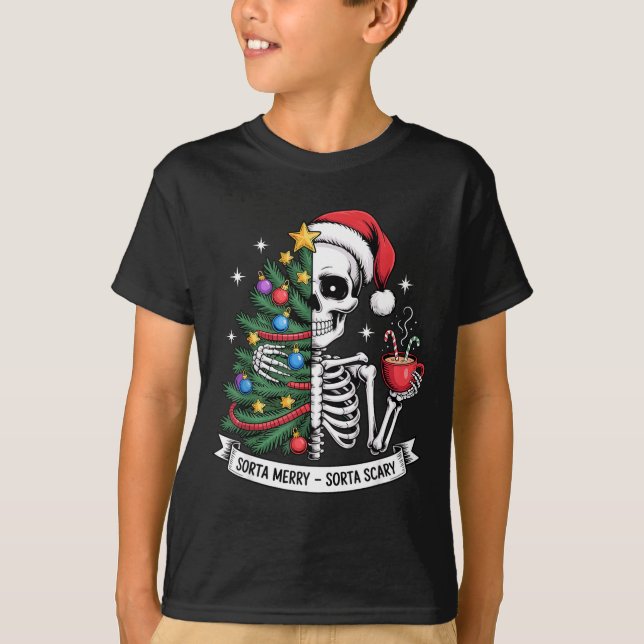 Sorta Merry Sorta Y Santa Skeleton Cocoa Christmas T Shirt (Framsida)