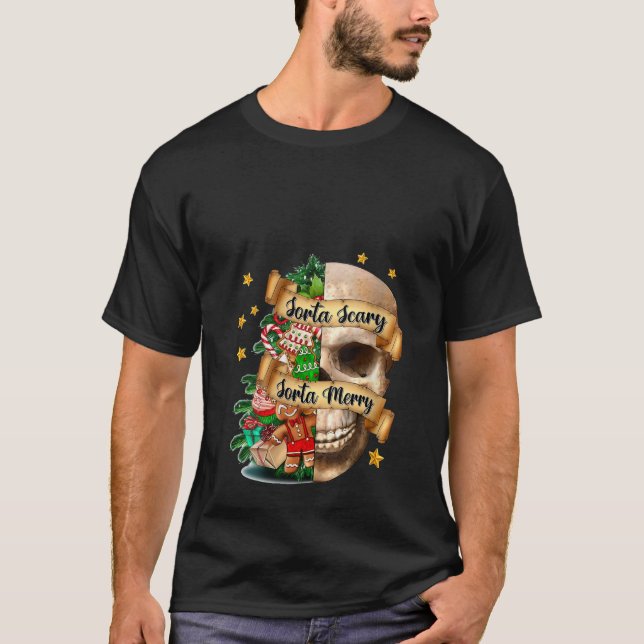 Sorta Scary Sorta God jul Skull Julafton Träd T Shirt (Framsida)