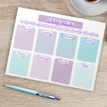 Sorteraren Pastel Lila and Teal Weekly Planner Org Anteckningsblock<br><div class="desc">Anteckningsblocket i personlig är perfekt verktyg för att hålla reda på alla era veckoaktiviteter. Den här designen har sju områden för varje veckodag i pastellform, lila och teal, tillsammans med ett tomt område för dina anteckningar, och längst upp finns ditt namn och årets tolv månader. Texten är helt och hållet...</div>