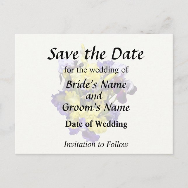 Sortiment av irisgul och lila meddelande vykort (Framsida)