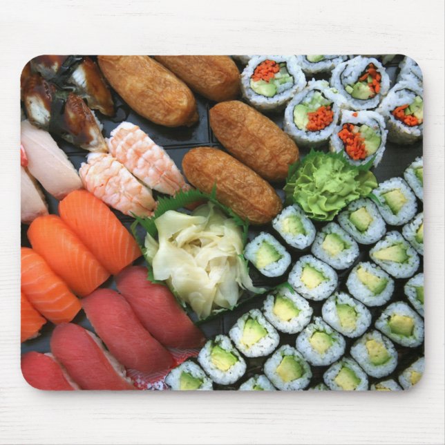 Sortiment av japanska sushi-favoriter musmatta (Framsidan)