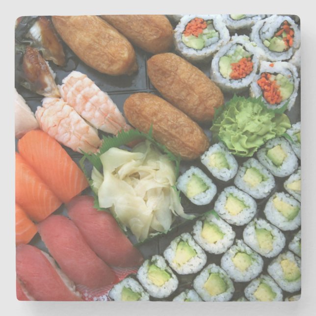 Sortiment av japanska sushi favoriter stenunderlägg (Framsidan)