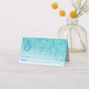 Söt16 Azure Doft Teal Blå Glitter Boutique Placeringskort