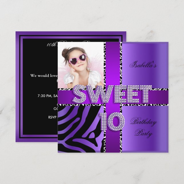 Söt 10 10:e födelsedagen Zebra Cow Lila Black Inbjudningar (Fram/baksida)