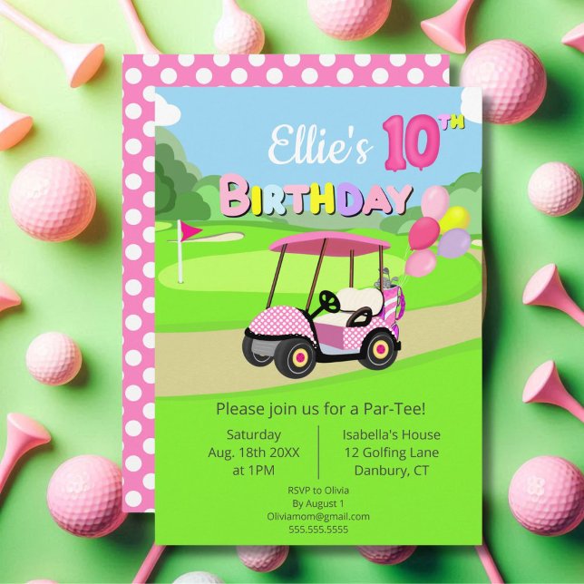 Söt 10-årsdag Prickig rosa flickig golf  Inbjudningar (Skapare uppladdad)